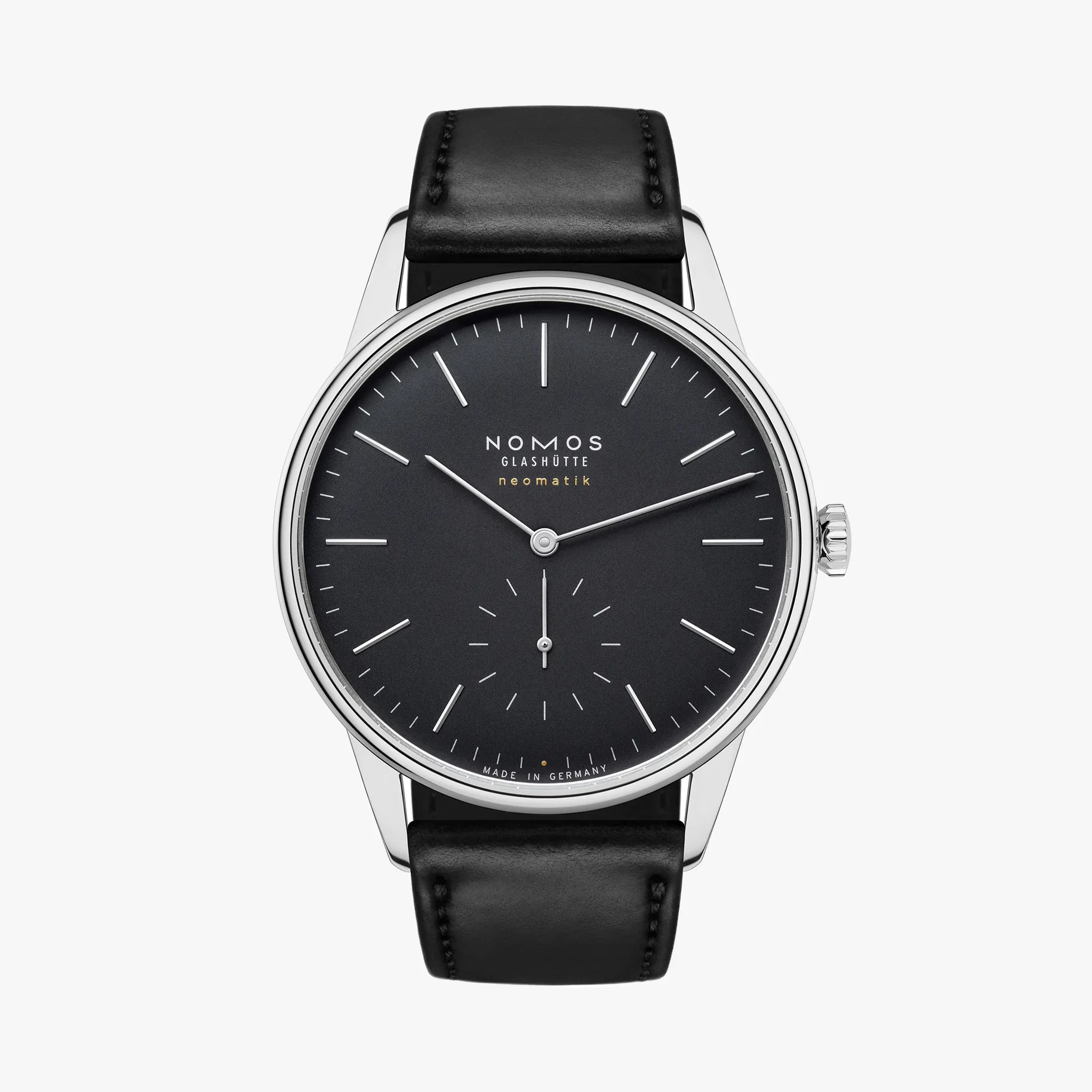 NOMOS Orion neomatik 39 new black mit schwarzem Zifferblatt, schlichter Gestaltung und eleganter, flacher Form