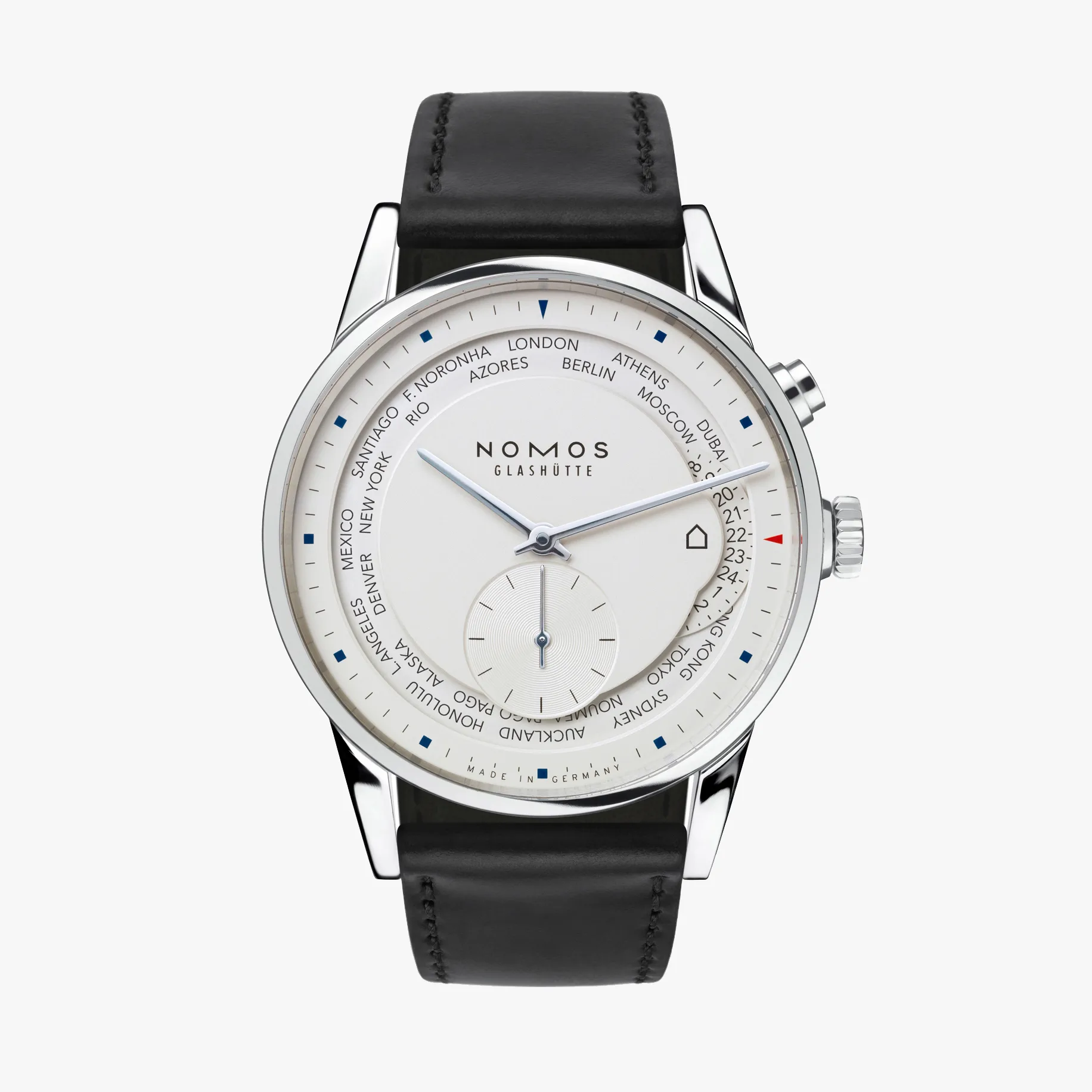 NOMOS Zürich Weltzeit Ref. 805 mit weiß versilbertem Zifferblatt, Weltzeit- und 24-Stunden-Anzeige sowie Edelstahlgehäuse am schwarzen Shell-Cordovan-Band